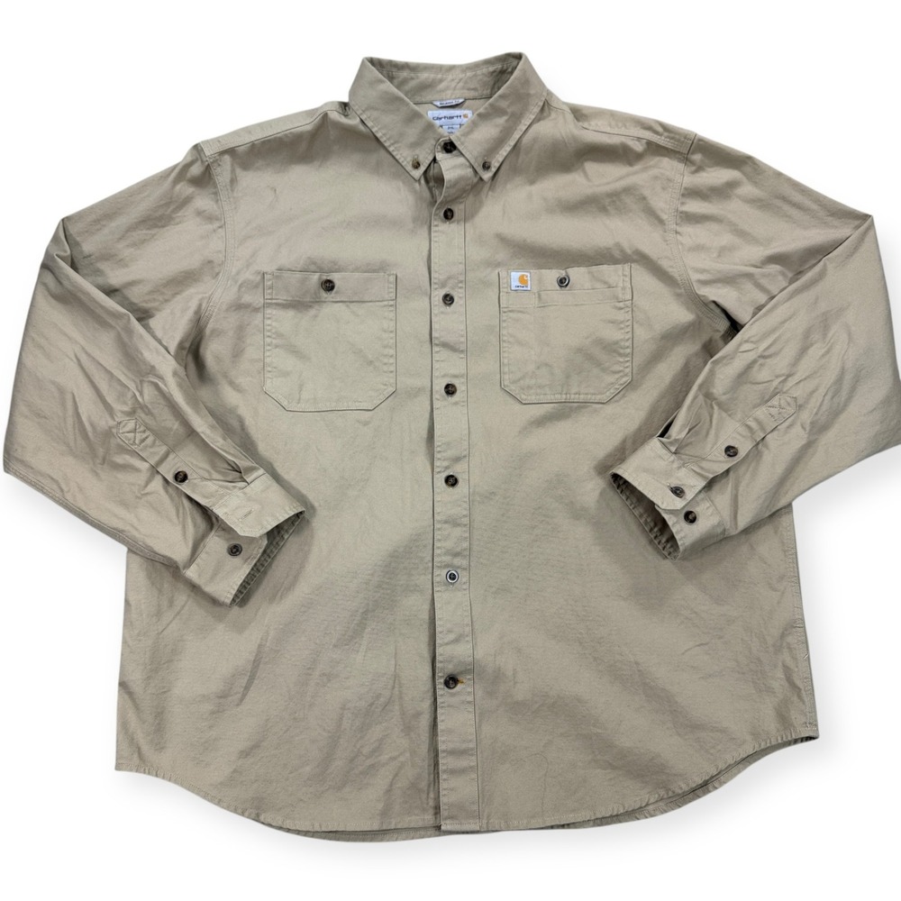 Carhartt Shirt Men's 2XL Khaki Button Down Relaxed Fit Long‎ Sleeve Workwear